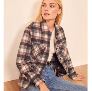 Reformation Woodside Wool Plaid Shirt Jacket With Pockets